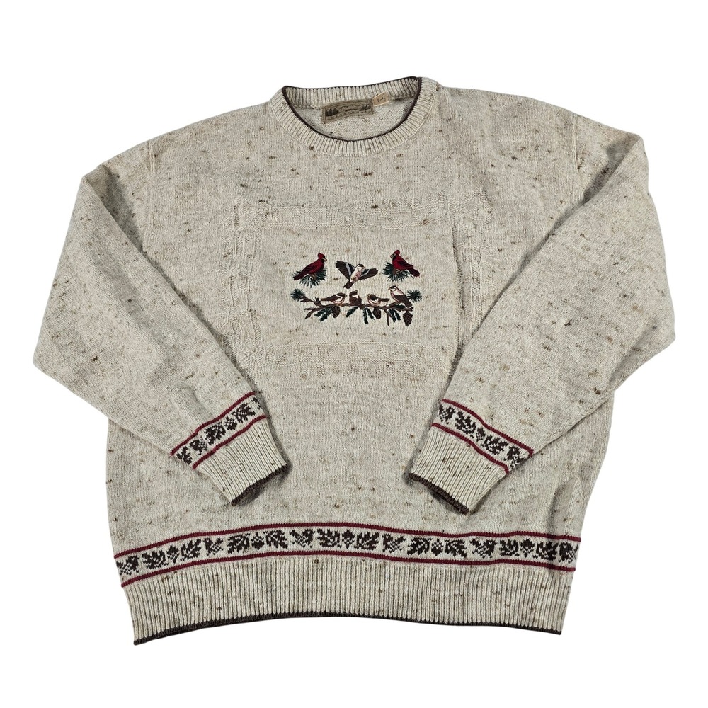 Shenandoah Vintage Bird Embroidered Knit Sweater Cream Oatmeal Marl Ladies Large